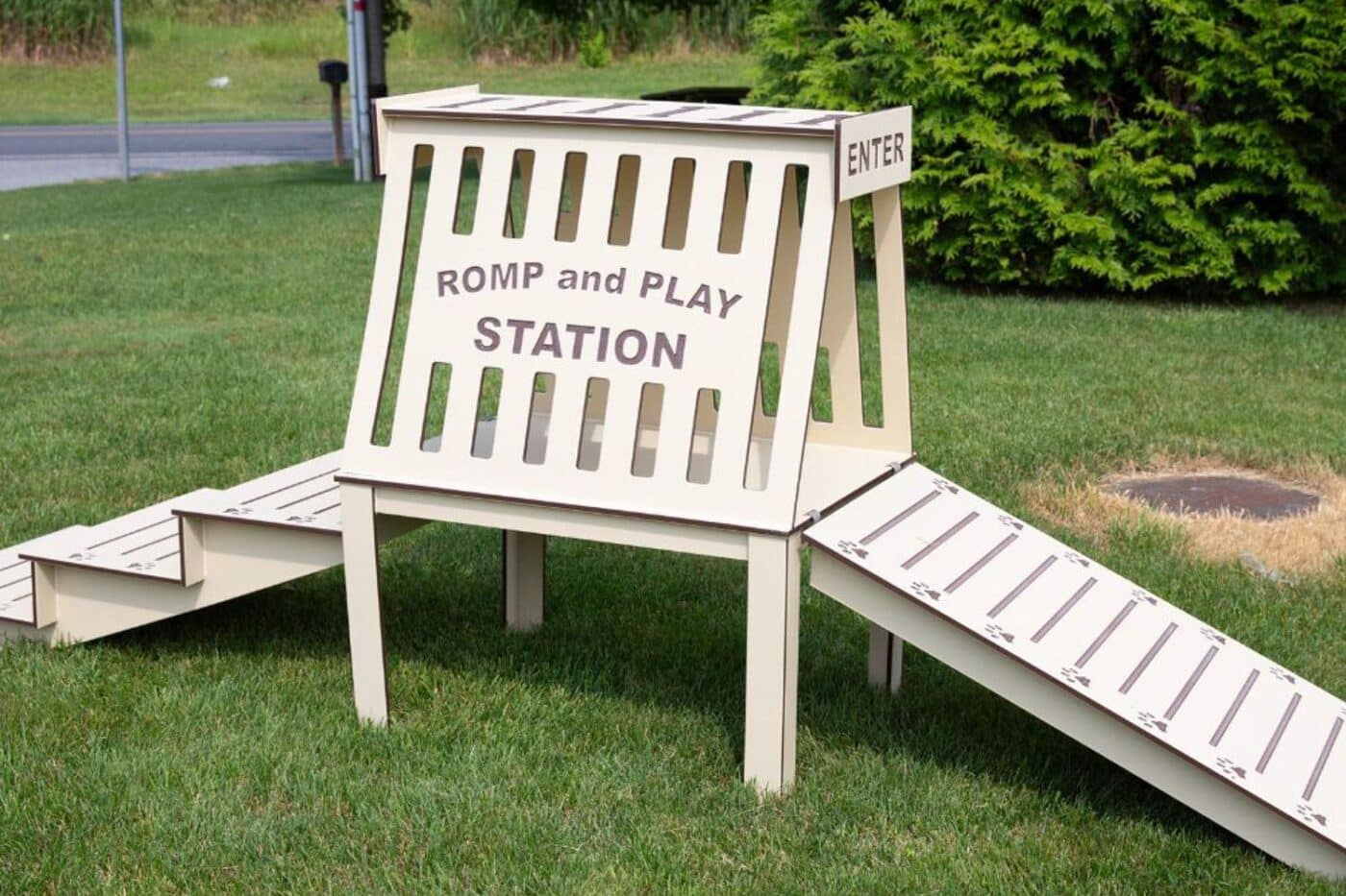 Beige Romp and Play Station with steps and stairs in backyard dog playground